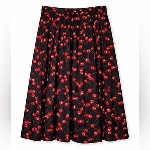 J.Crew Cherry Print Pleated Skirt Black Red Retro Cottagecore Midi 12